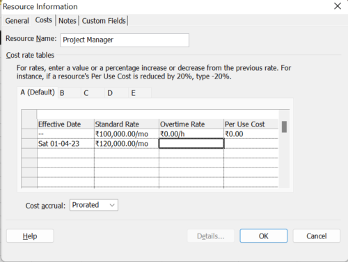 how to add cost variation in MS project